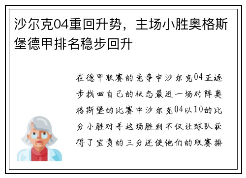 沙尔克04重回升势，主场小胜奥格斯堡德甲排名稳步回升